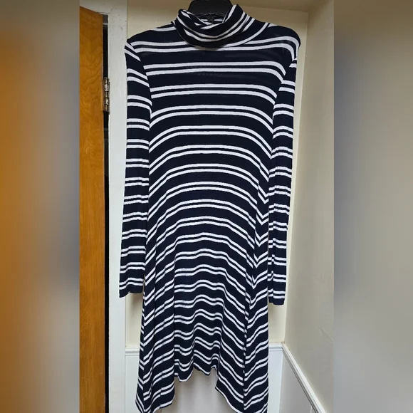 Anthropologie Maeve Navy and White Striped HIgh Neck Asymmetrical Dress XS - Picture 1 of 8